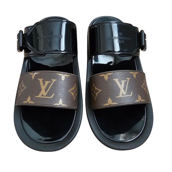 Louis Vuitton Monogram Canvas Sunbath Flat Mule Sandal Size 38 US 8 Brown Black - Picture 2 of 9